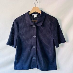 Vintage 90s Miss Dorby Textured Knit Button Front Top Navy Leaf Button Shirt M